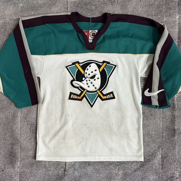 Men’s Vintage 90’s Nike Anaheim Mighty Ducks White Teal Purple Jersey Sz S VTG